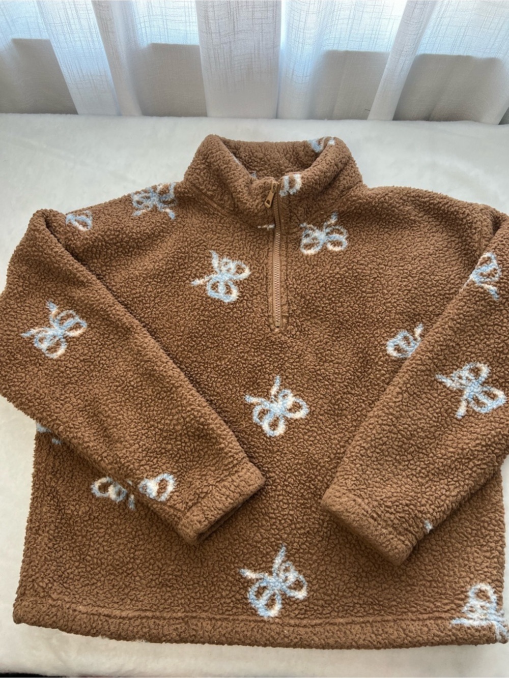 In Good State Brown Soft Sherpa Bow Quarter Zip Pullover Sweater L Cozy Y2K